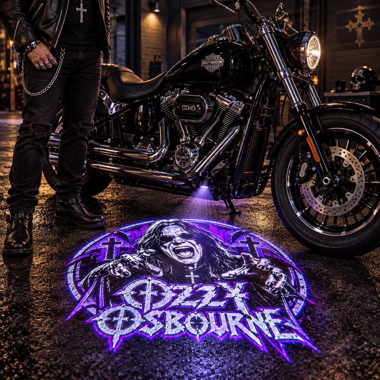 Ozzy Beam motorcycle concept with purple Ozzy projection beside a black cruiser