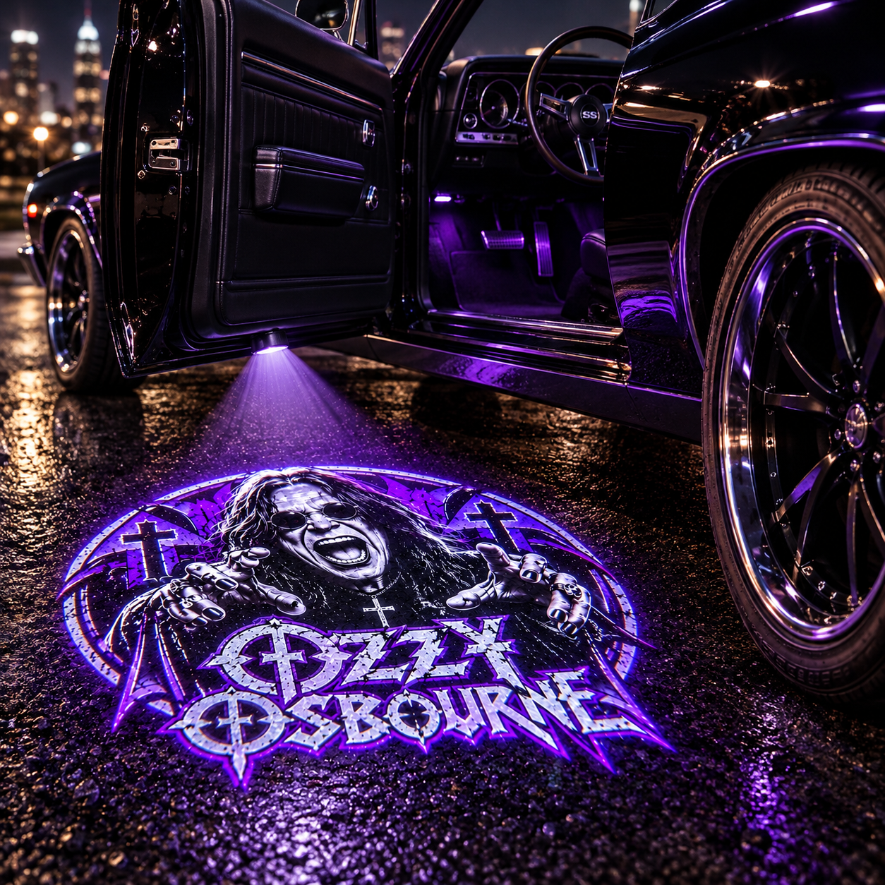 Ozzy Beam car concept with purple projection beneath an open door